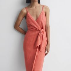 REISS Linen Midi Dress in Coral UK 12 - NEW