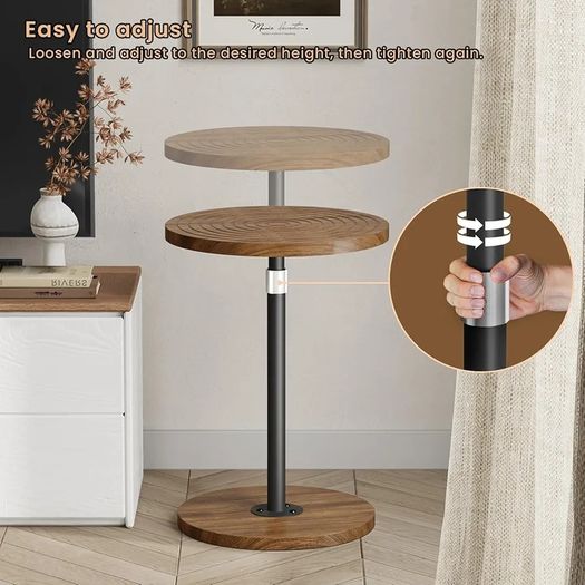 Small Side Table, Adjustable-Height Round Drink Table for Small Spaces, Pedestal Martini Table, Cocktail Tables Weighted Base for Living Room, Bedroom, Bathroom, Office, Walnut
