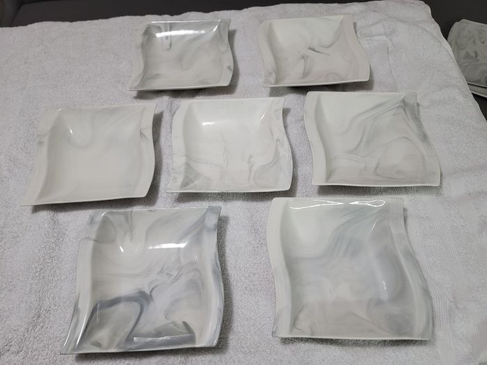 Stylish Modern Porcelain China Square 55 Piece Dinner Set, Marble Grey, Dinnerware, Dinner Party Set. Plates, Cups Mugs Bowls Egg Cups