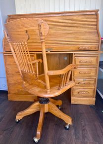 Solid Oak Roll-Top Writing Bureau Desk & Matching Captain's Chair