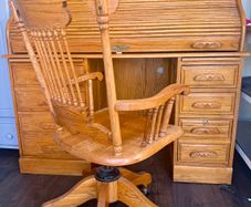 Solid Oak Roll-Top Writing Bureau Desk & Matching Captain's Chair