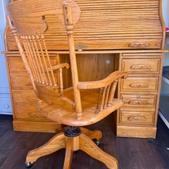 Solid Oak Roll-Top Writing Bureau Desk & Matching Captain's Chair