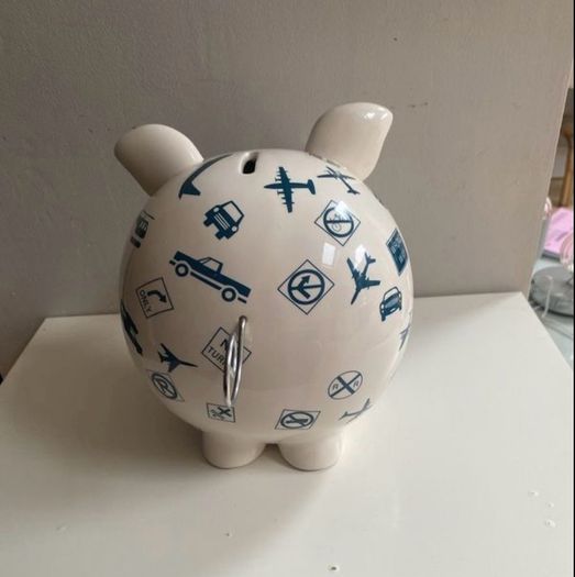 Extra Large ceramic piggy Bank featuring transportation and road signs