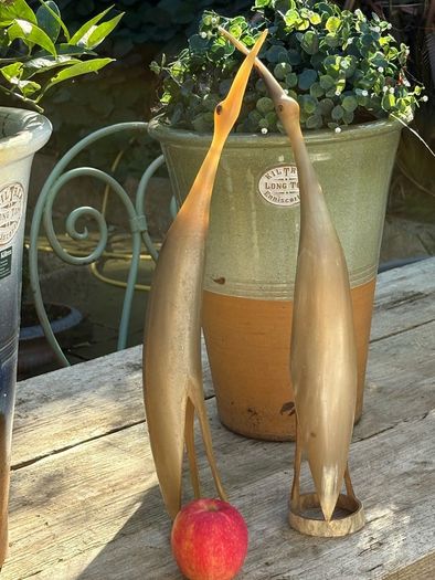 MID CENTURYPAIR OF CRANES hand carved Buffalo / cow horn