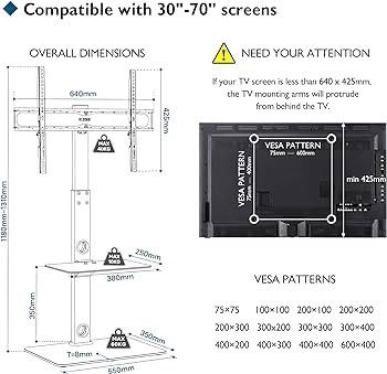 NEW SALE | Universal Floor TV Stand for 30-70 inch LED OLED LCD Plasma Flat Curved Screens, Height Adjustable Tall TV Stand with 2-Tier Tempered Glass Shelves up to 40KG, Max VESA 600x400mm
