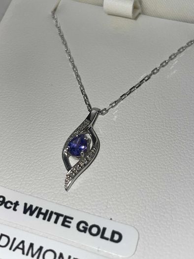 9ct White Gold Flame Diamond Pendant Necklace Chain