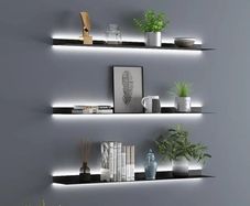 Metal Wall Mounted Floating Shelves with Led Lights, Hanging Display Rack for Livingroom Kitchen Bathroom, Built-in Illuminated Led Light Display Shelf,Black,80CM