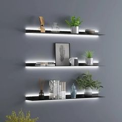 Metal Wall Mounted Floating Shelves with Led Lights, Hanging Display Rack for Livingroom Kitchen Bathroom, Built-in Illuminated Led Light Display Shelf,Black,80CM