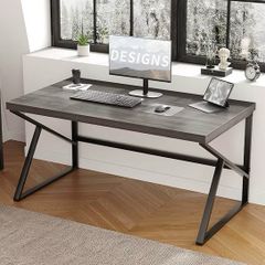 Modern Industrial Home Office Desk, PC Desk for Student Work Writing Study Gaming, Metal Wood Computer Table in Bedroom Workstation, Study PC Work Gaming Desks, Dark Oak 140cm