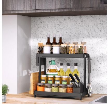 BRAND NEW Seasoning Jars Bottle Shelf Kitchen Organizer Storage Holder 2 Layers Black