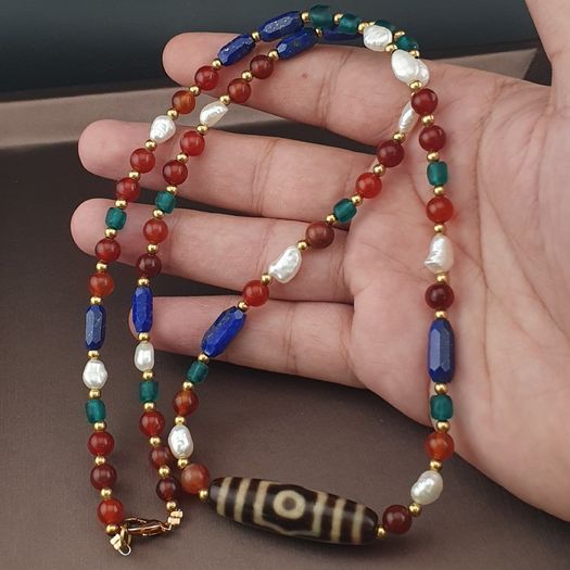 Antique Himalayan Tibetan 3 Eyes Agate Dzi Bead With Mix Lapis,carnelianPearls Necklace
