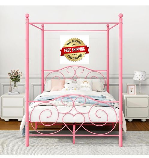 Double Canopy Bed Frame with Vintage Headboard & Footboard, Pink 135x190cm Double Canopy Bed Frame, 4ft6 Heavy Duty Metal Bed, Heart Scroll Headboard & Footboard, Steel Slats for Bedrooms