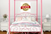 Double Canopy Bed Frame with Vintage Headboard &amp; Footboard, Pink 135x190cm Double Canopy Bed Frame, 4ft6 Heavy Duty Metal Bed, Heart Scroll Headboard &amp; Footboard, Steel Slats for Bedrooms