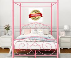 Double Canopy Bed Frame with Vintage Headboard & Footboard, Pink 135x190cm Double Canopy Bed Frame, 4ft6 Heavy Duty Metal Bed, Heart Scroll Headboard & Footboard, Steel Slats for Bedrooms