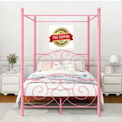 Double Canopy Bed Frame with Vintage Headboard & Footboard, Pink 135x190cm Double Canopy Bed Frame, 4ft6 Heavy Duty Metal Bed, Heart Scroll Headboard & Footboard, Steel Slats for Bedrooms