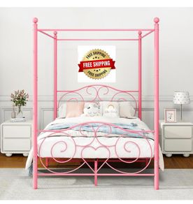 Double Canopy Bed Frame with Vintage Headboard & Footboard, Pink 135x190cm Double Canopy Bed Frame, 4ft6 Heavy Duty Metal Bed, Heart Scroll Headboard & Footboard, Steel Slats for Bedrooms