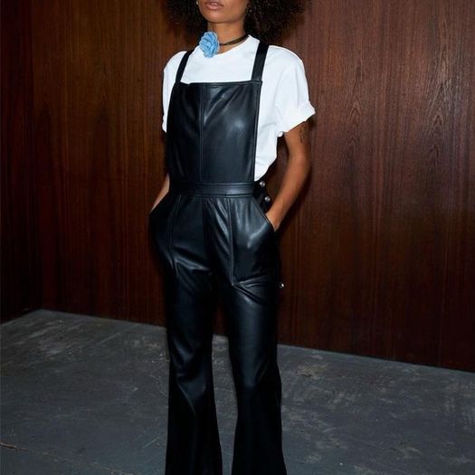 Never Fully Dressed PU vegan leather dungarees in black