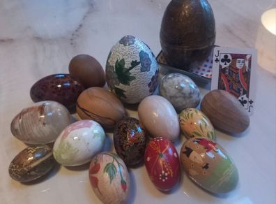 16 eggs, stone, metal, wood, painted, D18 post 8e