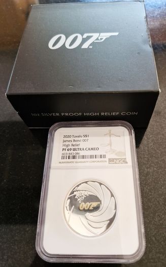 PF 69 Ultra Cameo 2020 Tuvalu James Bond 007 High Relief 1oz Silver Proof Low Mintage Coin