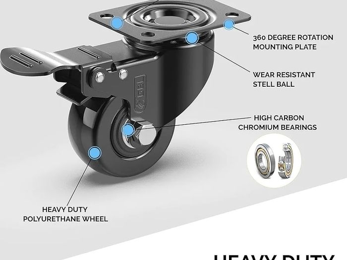 Heavy Duty Castor Wheels with 4 Brakes + Screws - 50mm - 200 kg Load - Set of 4 - No Floor Marks Silent Caster for Moving Furniture - Rubbered Swivel Trolley Wheels - Black Castors