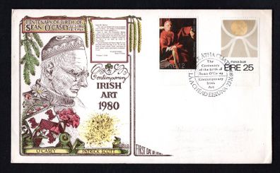 1980 Ireland Anniversaries: Birth Centenary of Sean O'Casey. Irish Art (Gold Painting No 57) Patrick Scott Commemorative Stamps Illustrated Hibernian First Day Cover (FDC)