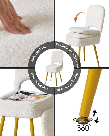 Small Storage Vanity Stool with Folding Backrest, 12.99" x 13.78" x 31.5" Square Teddy Velvet Ottoman, Makeup Chair for Living Room, 4 Metal Legs with Anti-Slip Feet, White