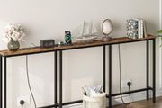 200 cm Slim Console Table with 2 Charging Stations, Narrow Behind Sofa Table, Long Hallway Table with Adjustable Feet, for Hallway, Living Room, Rustic Brown and Black