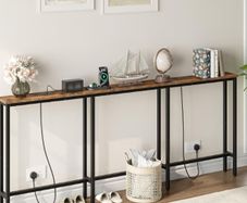 200 cm Slim Console Table with 2 Charging Stations, Narrow Behind Sofa Table, Long Hallway Table with Adjustable Feet, for Hallway, Living Room, Rustic Brown and Black