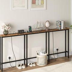 200 cm Slim Console Table with 2 Charging Stations, Narrow Behind Sofa Table, Long Hallway Table with Adjustable Feet, for Hallway, Living Room, Rustic Brown and Black