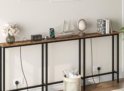 200 cm Slim Console Table with 2 Charging Stations, Narrow Behind Sofa Table, Long Hallway Table with Adjustable Feet, for Hallway, Living Room, Rustic Brown and Black
