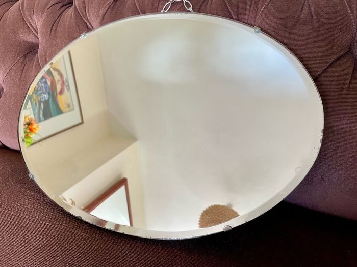 Pretty Early 20th Century Frameless Oval Bevelled Mirror with Original Chain