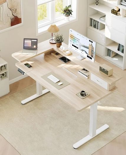 Standing Desk with Drawers, ONE PIECE 120cm Height Adjustable Desk, Electric Standing Desk with Monitor Stand, Sit Stand Desk with USB Port, Ergonomic Computer Table for Home Office, Beige