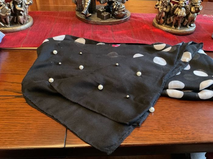 Samoon. FURTHER REDUCED.   Scarf In Black With White Polka Dots And A Littlle  Blue and Pink Also , With Decorative Pearls At The End