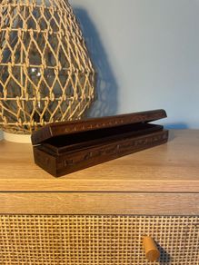 Vintage Asian Hand Carved Wooden Pencil Case