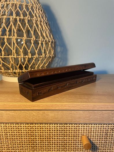 Vintage Asian Hand Carved Wooden Pencil Case