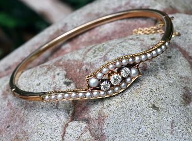 Antique Diamond & Pearl Bangle Bracelet - 1900