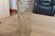 Antique pressed glass celery vase with embossed text