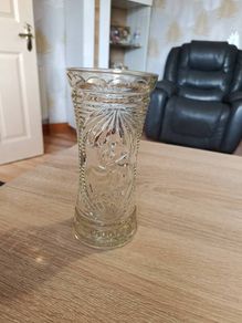 Antique pressed glass celery vase with embossed text