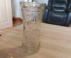 Antique pressed glass celery vase with embossed text