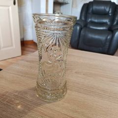 Antique pressed glass celery vase with embossed text
