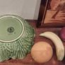 Vintage Mid Century Portuguese Ceramic Majolicaware Cabbage Leaf Bowl Complete with Five Pieces of Fruit by Bordallo Pinheiro, Circa 1950s - Kitschtastic!!! Image 9