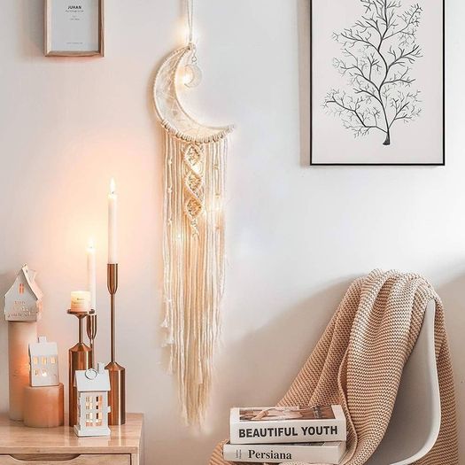 NEW SALE | Macrame Wall Hanging with LED Light,Moon Dream Catcher Woven Tapestry Bohemian Home Decor Wedding Party Ornaments Craft Gifts,Interior Holiday Decorations Christmas Decoration