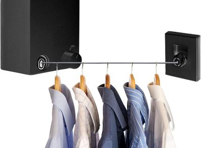 Washing Line, Retractable Clothes Drying Line, Stainless Steel Extendable Laundry Line, Adjustable 4.2M Washing Line Rope, Punch and Wall Mount (Black)
