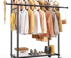 Double Rod Clothes Rail, Heavy Duty 204kg (450lbs) Capacity with Wheels & Shelves, Portable Clothing Rack for Bedroom, Laundry Room, Coats & Garments, Black
