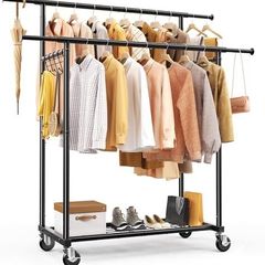 Double Rod Clothes Rail, Heavy Duty 204kg (450lbs) Capacity with Wheels & Shelves, Portable Clothing Rack for Bedroom, Laundry Room, Coats & Garments, Black