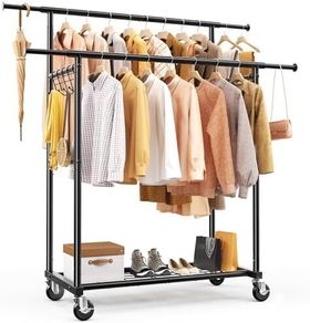 Double Rod Clothes Rail, Heavy Duty 204kg (450lbs) Capacity with Wheels & Shelves, Portable Clothing Rack for Bedroom, Laundry Room, Coats & Garments, Black
