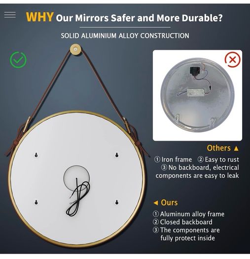 Round Bathroom Mirror with Lights Gold Frame Leather Strap Illuminated Bathroom LED Mirror