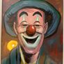 Portrait of a smiling clown wearing a green brimmed hat, red nose, and blue/green face paint around the eyes and mouth. Image 3