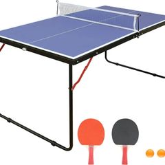 Midsize Folding Ping Pong Table Game Set, Portable Indoor Outdoor Table Tennis Table with 2 Paddles, 3 Balls and Net