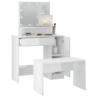 Dressing Table Set with LED High Gloss White Engineered Wood